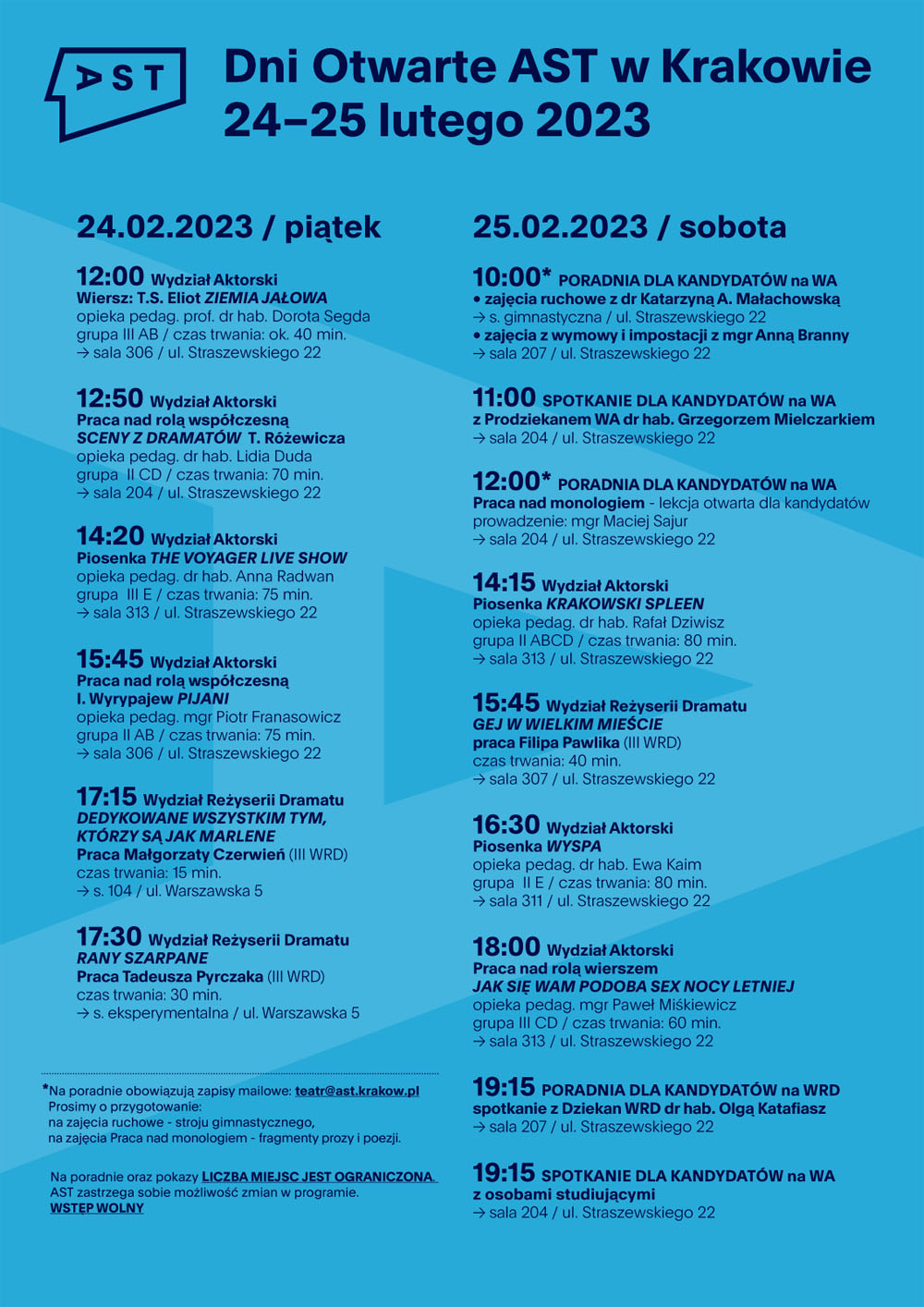 Plakat Dni Otwartych AST. Na niebieskim tle treść programu wydarzenia. W lewym górnym rogu logo Akademii Sztuk Teatralnych w Krakowie