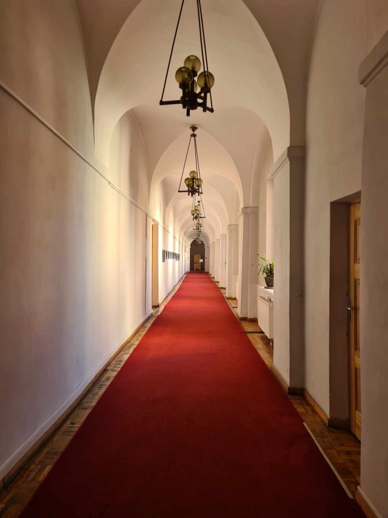 Zabytkowe wnętrze. Długi wąski korytarz z czerwonym dywanem prowadzący do nieznanego celu. Pod sufitem wiszą ozdobne lampy.